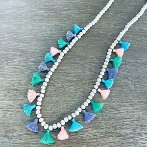 Boho Multi Pastel Thread Tassel Wood Bead Necklace